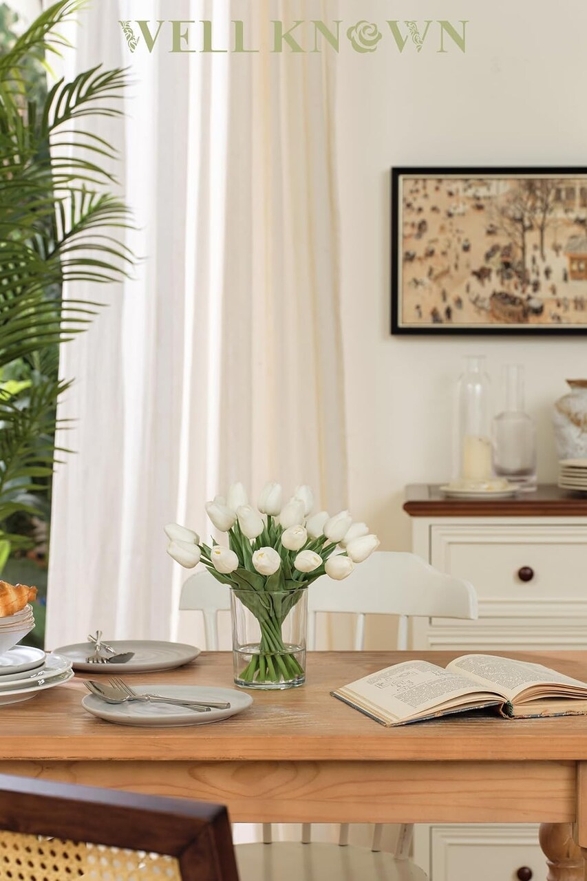 20 Pc White Tulips in Glass Vase – Real Touch Faux Flowers Decor